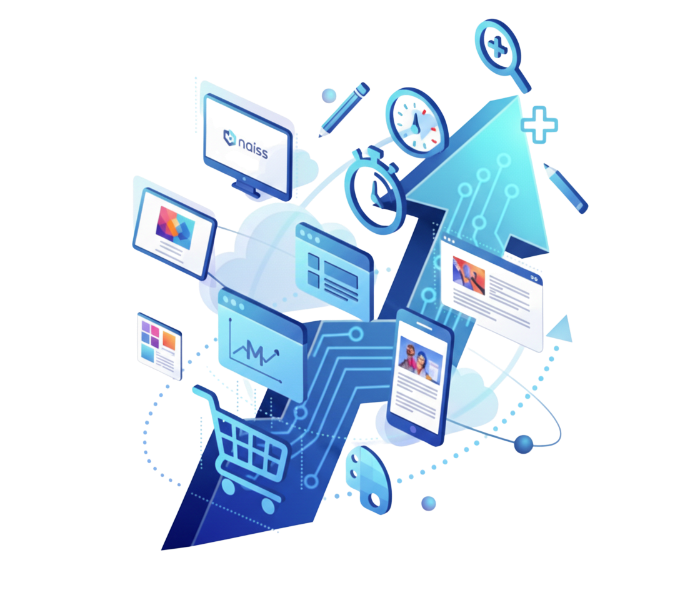 High-Performance Webdesign und E-Commerce Grafik von naissmedia – Illustration von Responsive Design, SEO-Wachstum, Page Speed und Online-Shop Lösungen für Schweizer KMU.