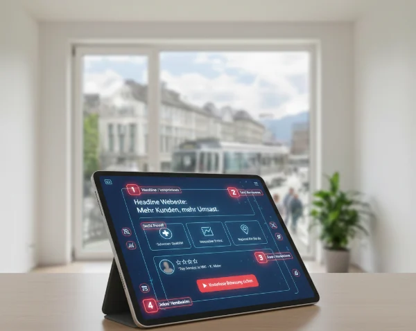 Darstellung der 5 wichtigsten Elemente einer Landingpage auf einem Tablet für bessere Conversion-Rates und mehr Kundenanfragen.