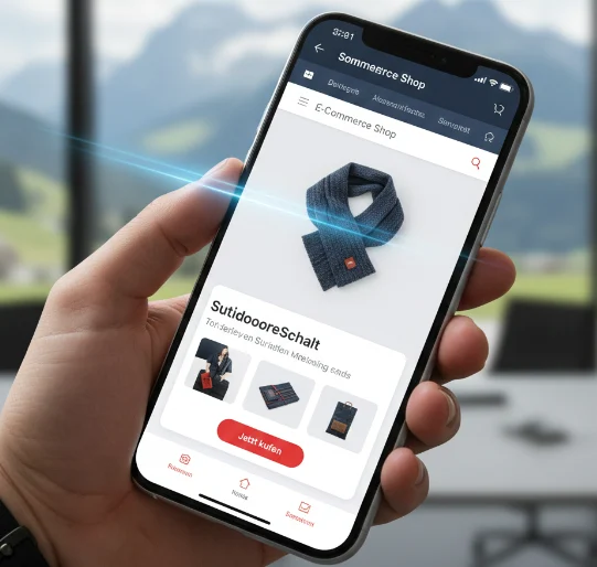Ein hochwertiges Smartphone-Display zeigt einen modernen, benutzerfreundlichen E-Commerce-Shop für Schweizer KMU.