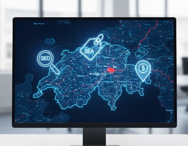 Digitaler Monitor mit einer Karte der Ostschweiz und Icons für SEO-Optimierung, SEA-Kampagnen und lokales Geo-Targeting.