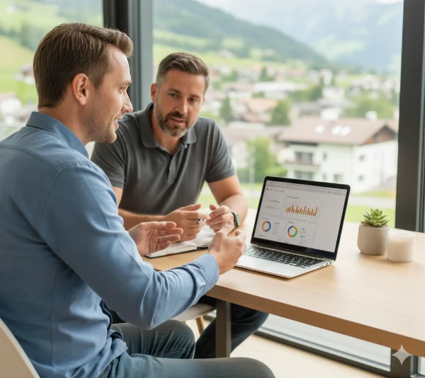 Zwei Männer im Beratungsgespräch am Laptop analysieren Daten und Marketing-Ziele für ein lokales Unternehmen.